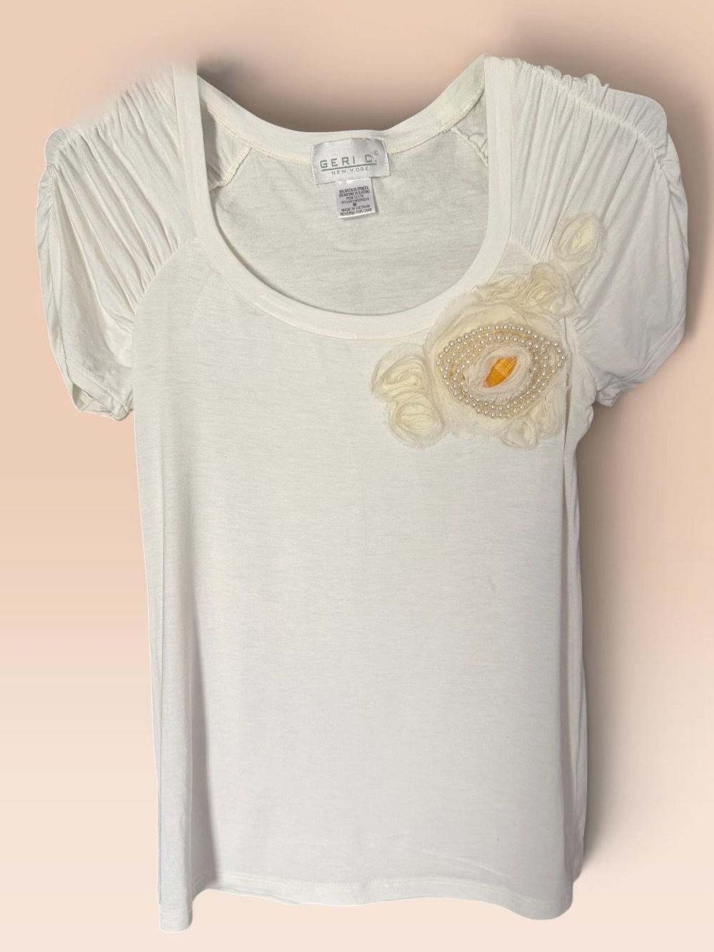 Geri C New York Women's M Off White Puff Sleeve Floral Applique Amber Accent Top